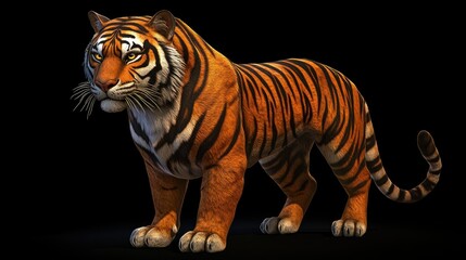 Obraz premium Majestic tiger with vibrant orange-black stripes, piercing eyes glowing on a pure black backdrop, emphasizing its power.