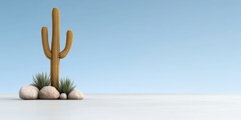 Lush Desert Landscape with Cactus and Smooth Stones Against a Soft Blue Sky Backdrop