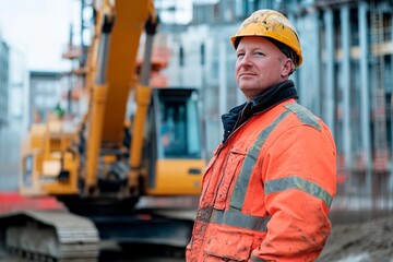 Confident construction worker overseeing progress on a busy job site in early morning light