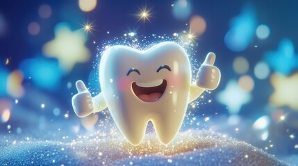 A lively tooth character giving a thumbs-up, surrounded by sparkling clean effects, symbolizing healthy teeth.