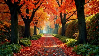 Naklejka premium Dense foliage of deciduous trees along a winding bush corridor in autumn, foliage, autumn leaves