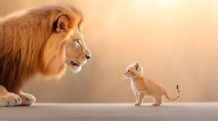Majestic lion and tiny kitten facing each other, sunset background; perfect for concepts of size difference, courage, mentorship, or wildlife.