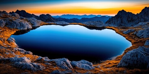 Serene Mountain Landscape with Heart-Shaped Lake Reflecting Vibrant Sunset Colors