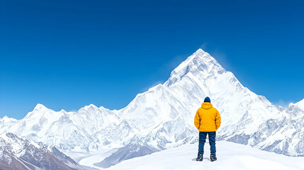 Man admires majestic snow-capped mountain range under a vibrant blue sky, showcasing adventure and exploration; ideal for travel blogs and outdoor gear advertising.