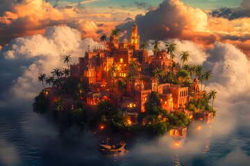 Fototapeta premium An island with a pirate shipwreck, surrounded by sea and clouds, in the center of which is an ancient Arabic city made up of red brick houses.