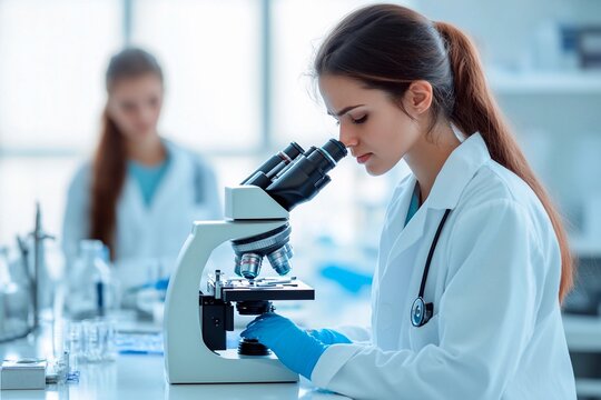 Young scientist conducts research with microscope in modern laboratory