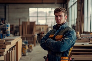 Obraz premium Skilled carpenter stands confidently in workshop surrounded by wood materials and tools