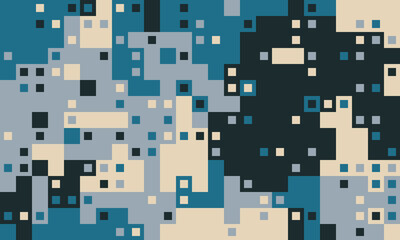 Abstract geometric pattern featuring a blend of teal, gray, beige, and black squares.  Ideal for backgrounds, website design, or modern art projects.