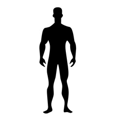 Black silhouette of a muscular male body standing upright in a neutral pose, ideal for fitness, anatomy, or medical concepts