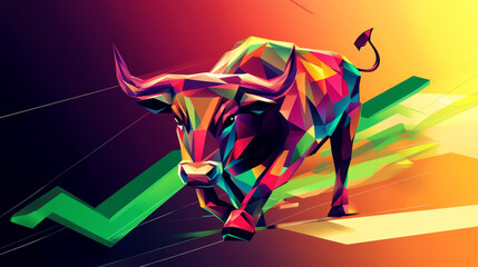 Obraz premium geometric bull in vibrant colors charging through dynamic background, symbolizing strength and growth. This artwork captures essence of energy and movement