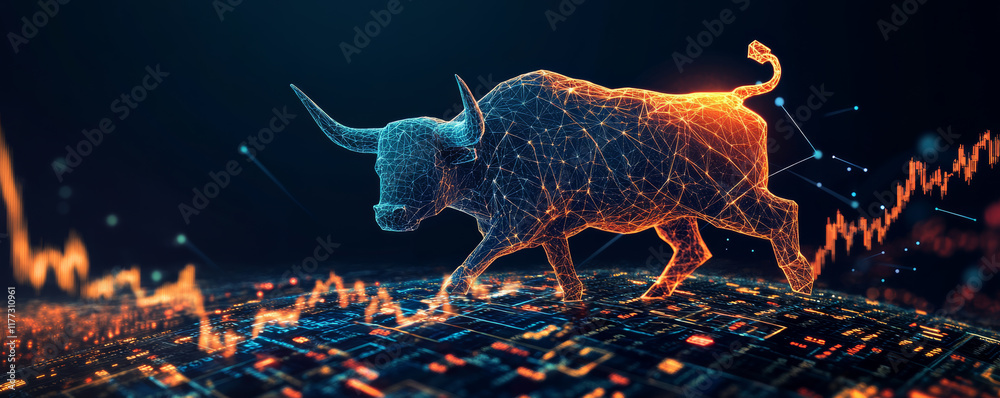Sticker luminous bull in sharp angular design symbolizes market growth and strength, surrounded by digital g