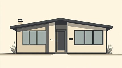 Modern flat vector house illustration, neutral tones, with a centered door and two simple rectangular windows.