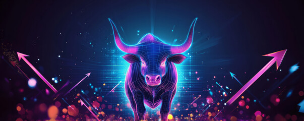 Fototapeta premium luminous bull surrounded by dynamic financial arrows and vibrant colors symbolizes growth and prosperity in financial market. energetic atmosphere conveys optimism and potential