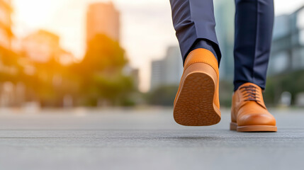 Fototapeta premium Man walking city street sunset commute business shoes. Use website banner, blog post.