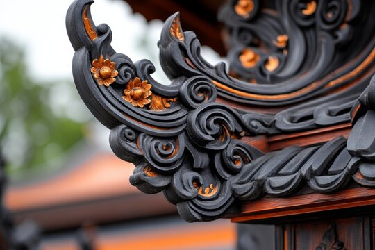 A detailed close-up of the intricate gable apex (chofa) of a Thai ubosot, showcasing its elegant curves and gold accents