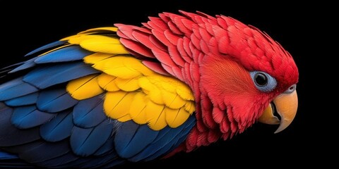 Fototapeta premium Vibrant Macaw Bird Displaying Rich Red, Yellow, and Blue Feathers Isolated on Black Background