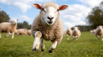 A flock of sheep steadily walks through a lush green meadow in South Africa, enjoying the warm day and grassy landscape