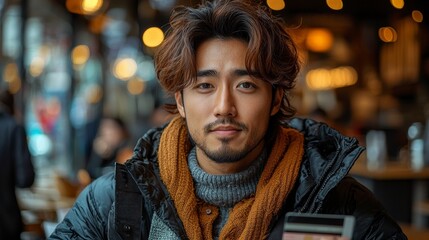 Obraz premium Man in Cafe: Portrait with Bokeh