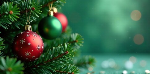 Christmas tree ornaments in shades of green and red, winter wonderland, holly green, holiday decor