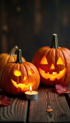 Obraz premium Carved pumpkins with candles lit on a wooden table, fall, autumn