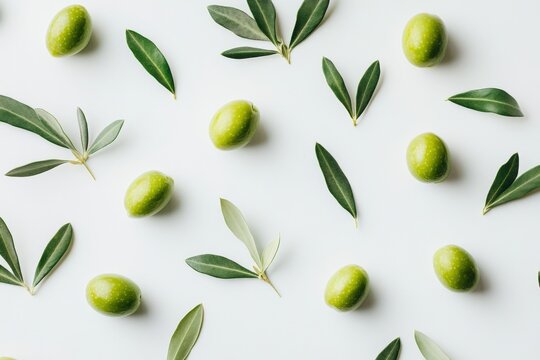 green olives and olive leaves on a white background