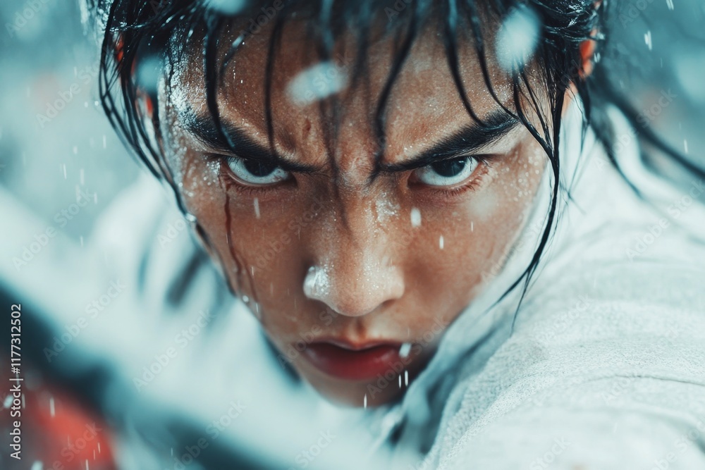Poster a hyper-realistic close-up of a kung fu master face, showing sweat, determination, and intense focus