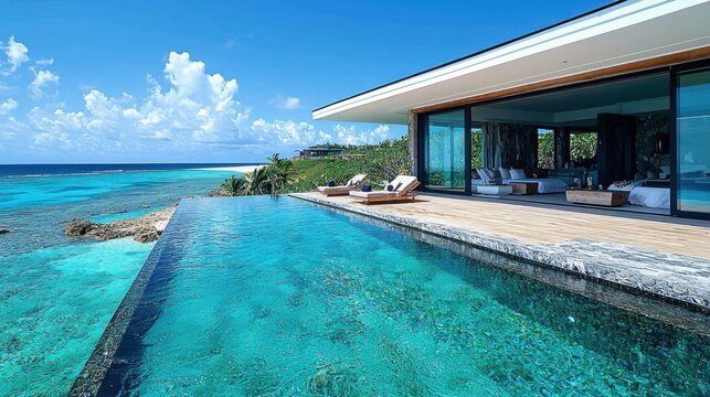 Infinity pool overlooking turquoise ocean at a luxurious island villa with coastal view