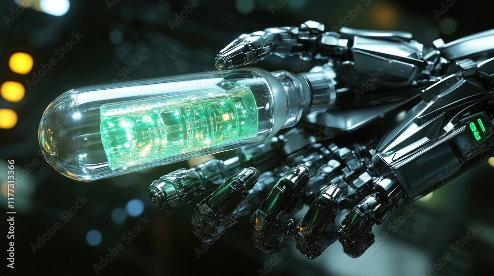 Poster a robotic hand holds a transparent vial containing glowing green liquid.