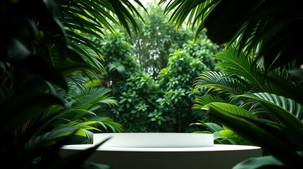 Obraz premium product podium in nature outdoors forest blurred green background. natural product placement, pedestal stand display, spring or summer cosmetics concept