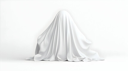 Mysterious white figure shrouded in cloth, seated on white background; concept for mystery, suspense, or unveiling.