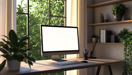 Modern home office with computer, blank screen for mockups, sunlight through plants, and microphone on shelf fostering tranquility and productivity