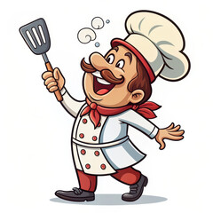 Happy cartoon chef holding spatula, wearing white uniform and hat