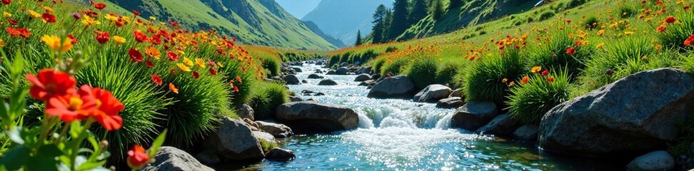 A mountain stream babbles and churns its way through a lush valley filled with colorful wildflowers, flowers, rivers
