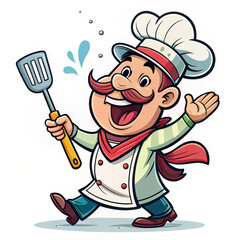 Happy cartoon chef with spatula, wearing chef hat and apron