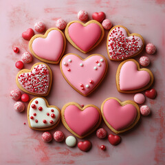 Fototapeta premium A whimsical flat lay of heart-shaped cookies and candies arranged in a circular pattern, vibrant pink and red tones with sprinkles for a fun and playful Valentine’s Day feel