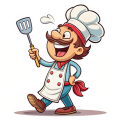 Cheerful cartoon chef holding spatula, wearing white hat and apron