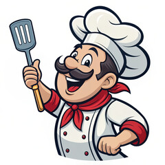 Cheerful chef with spatula, wearing white uniform and hat, ready to cook delicious meals