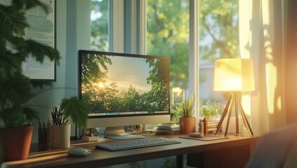 Cozy home office setup with modern display, keyboard, and soft desk lamps under sunny window with greenery