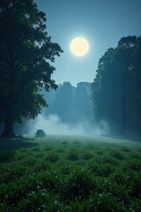 A forest landscape bathed in a soft lunar glow as morning fog slowly lifts from the ground, summer, fields, nature
