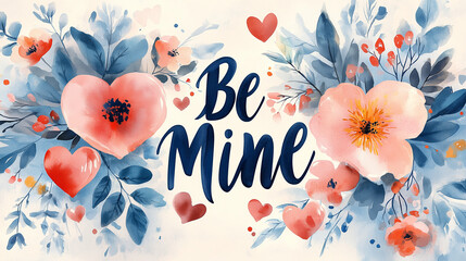 A romantic Valentine’s Day card design with the words "Be Mine" in elegant script, framed by watercolor hearts and floral elements, light pastel tones