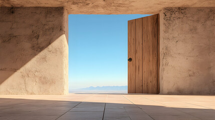Open door to desert landscape, sunlight through concrete structure, opportunity, new beginnings, hope, freedom.