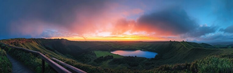 Panoramic view of an incredible vista with green hills and a colorful sky at sunrise