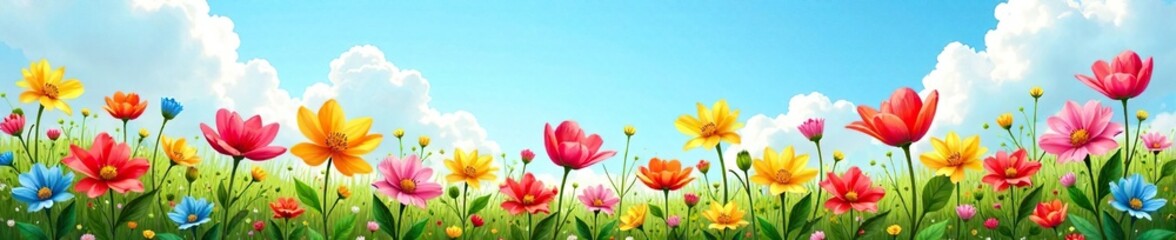 A burst of colorful flowers against a clear sky, flowers, greenery, blooming