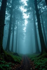 Fototapeta premium A blanket of fog envelops a forest, shrouding it in mystery, veiled woods, misty atmosphere, secret forest