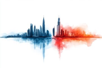 Naklejka premium A flat 2D illustration of the Dubai Frame, with one side depicting the city historical past and the other its modern skyline on a clean white canvas