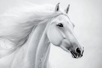 close-up of a white horse with flowing mane