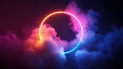 Colorful Neon Circle Amidst Dreamy Clouds in Dark Background