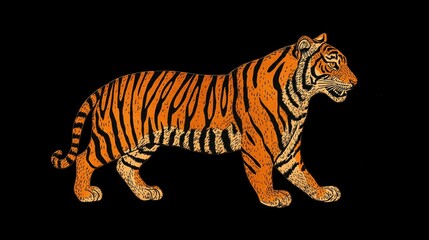 Obraz premium Regal tiger set against a pitch-black canvas, emphasizing the bold contrast of its orange coat and dark stripes.