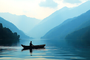 Fototapeta premium A traditional Chinese fisherman skillfully catching fish in a small wooden boat on calm waters, surrounded by serene natural scenery, evoking cultural heritage and tranquility.