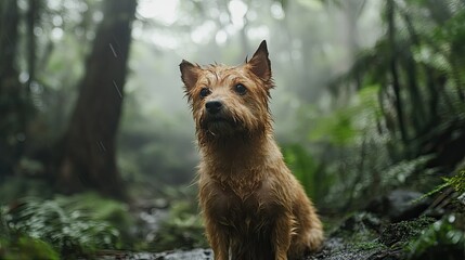 Naklejka premium Scruffy dog in a misty forest, wet fur glistening, as it explores the serene and damp surroundings.